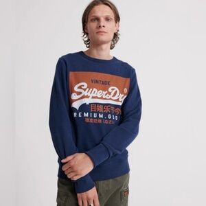Superdry Men’s L Navy Blue Vintage Logo Pullover Crewneck Sweatshirt Organic